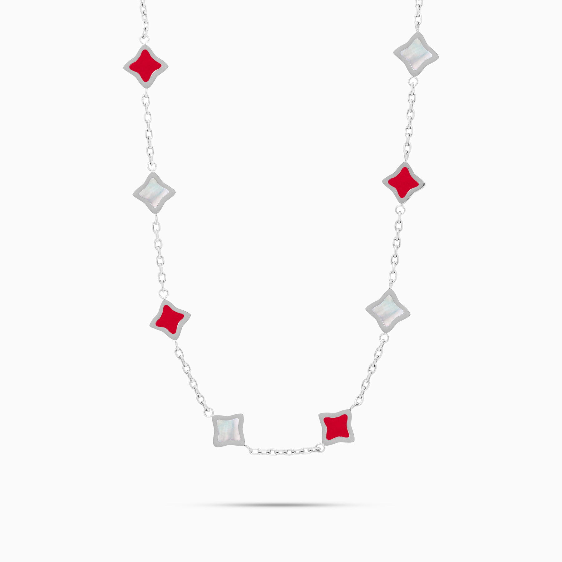 Chaîne Flower câble Argentée - Motif Blanc & Rouge